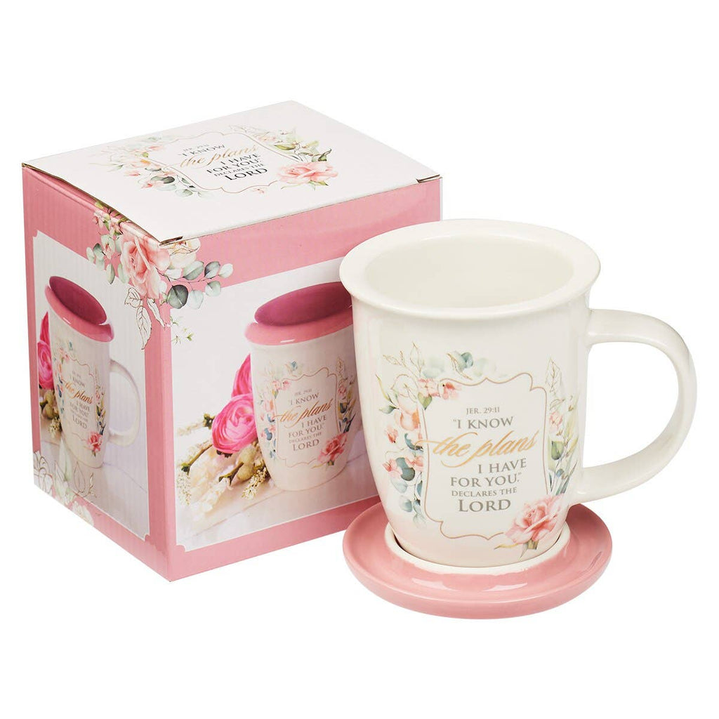 Mug with Lid Pink/White Floral I Know the Plans Jer. 29:11