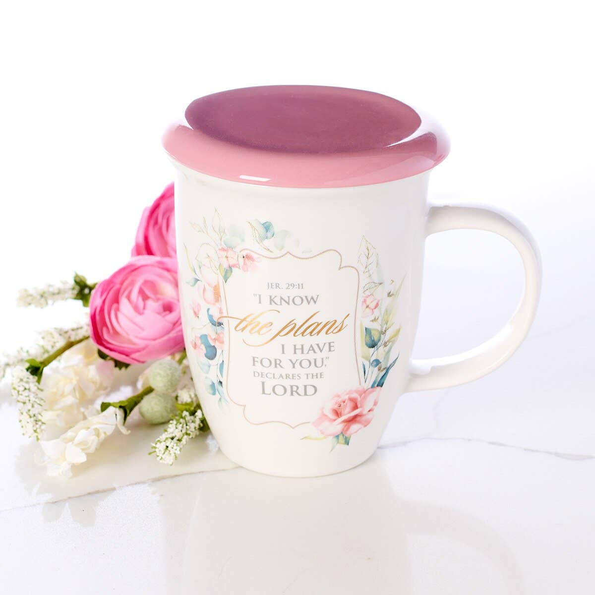 Mug with Lid Pink/White Floral I Know the Plans Jer. 29:11