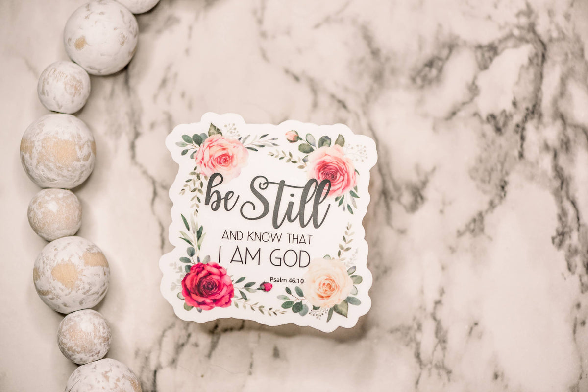 Be still, floral christian, clear, Vinyl Sticker, 3x3 in.